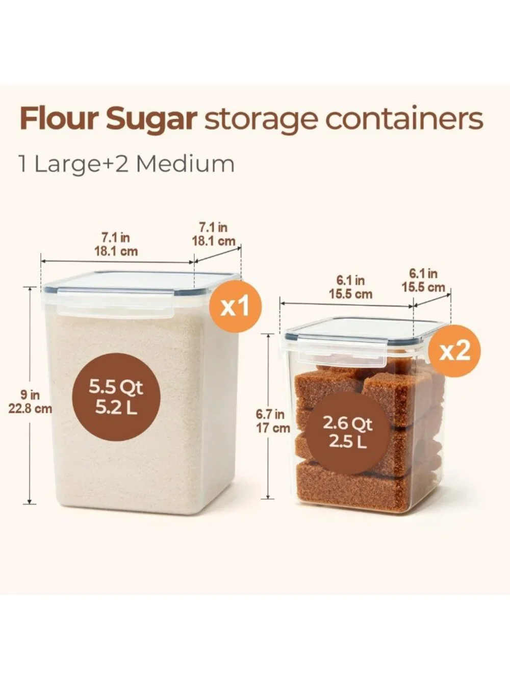 Airtight Food Storage Containers Set - 2.6Qt & 5.5Qt for Flour & Sugar, Wide